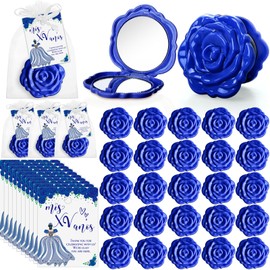 Wenqik 50 Sets Quinceanera Party Favors for Guests 50 Rose Design Compact Pocket Mirrors 50 Quinceanera Cards Thank You Gift and Organza Bags Sweet 15 Mis Quince Birthday Sweet Party Favor(Blue)