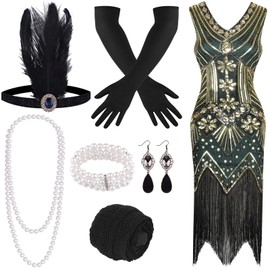 FEPITO 1920s V-neck sequins beads fringe dress with 20s accessory set, Green (style 3), xl