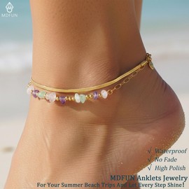 MDFUN Anklets for Women 316L Stainless Steel Dainty Summer Beach Vacation Foot Jewelry Waterproof & Tarnish-Free Adjustable Layered Chain 18K Gold Plated Ankle Bracelet with Boho Stone