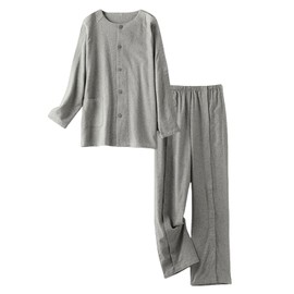 Men’s Bedridden Patient Pajama Set Snap Front Hospital Gown for Post Surgery Easy Dressing Long Sleeve Recovery Clothing(Gray,XL)