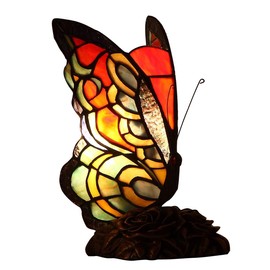 Bieye L10525 Butterfly Tiffany Style Stained Glass Accent Table Lamp Night Light with 7 Inch Wide Handmade Lampshade for Bedside Bedroom Living Room, 9-inch Tall