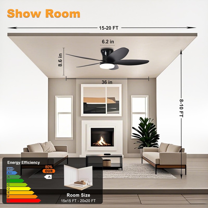 AYSEMO 36" Low Profile Ceiling Fan with Lights & Remote,