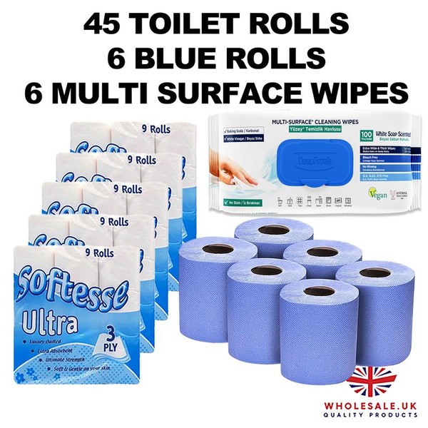 45x Toilet Rolls 3ply, 6x Blue Rolls, 6 Deep Fresh