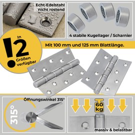 Neuhall 1 Pair of Hinges 100 mm (Pack of 2) Stainless Steel V2A for Doors Wooden Door Cabinet Door Table Door Hinges Indoor and Outdoor Piano Band Furniture Hinges Including Screws