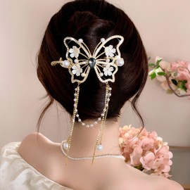 Rannyrena Gold Butterfly Hair Claw Clips with Pearl Tassel Red Rose Rhinestone Bows Heart Hair Clips Metal Nonslip Clamps Hair Accessories for Women (White Flower Butterfly)