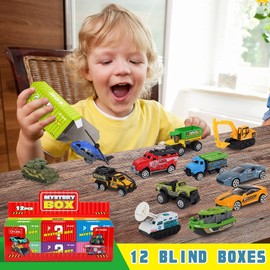 Diecast Toy Cars Set for 3 4 5 6 7 8 Year Old Boys, 12 Pack Mini Metal Cars 1/64, 12 Theme in one Set Blind Box Edition- Include Farm, Space Ship, Truck for Children Birthday Party Decor Gifts