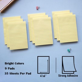 9 Pack Lined Sticky Notes 4X6 in Post Sticky Notes with Lines, Large Ruled Self-Stick Notes Bright Color Sticky Notes Super Sticking Power Memo Pads, Sticky Notes 4x6 for Home, Office, School (Yellow)
