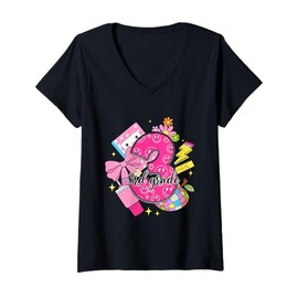 Womens 3rd Grade Back to School Teacher Girl Coquette Bow V-Neck T-Shirt