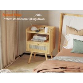 SUPERJARE Nightstands Set of 2, Night Stands with Charging Station & PE Rattan Decor Drawer, Bed Side Tables with Solid Wood Feet, End Table, for Bedroom, Living Room - Natural