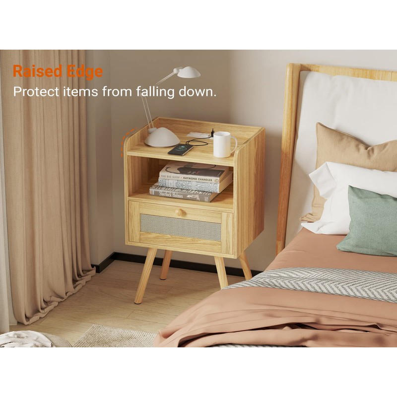 SUPERJARE Nightstands Set of 2, Night Stands with Charging Station