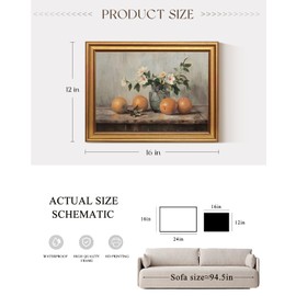 VIYYIEA Gold Framed Canvas Art Prints,12x16Inch, Still Life Orange and Wildflower Art Painting, Rustic Vintage Decor for Kitchen Dining Room, Country Farmhouse Fruit and Floral Picture