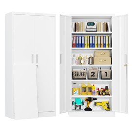 BESFUR Metal Storage Cabinets with Locking Doors and Adjustable Shelves, 71" H Steel Storage Cabinet for Garage, Office, Classroom - White