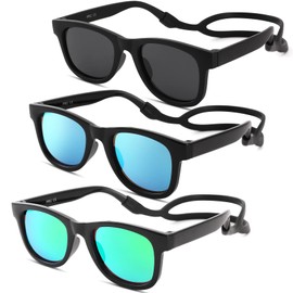 COASION 3 Pack Bendable Flexible Polarized Newborn Baby Sunglasses with Silicon Strap for Infant Boys Girls Age 0-12 Months (Black/Green Mirror + Black/Blue Mirror + Matte Black/Gray)