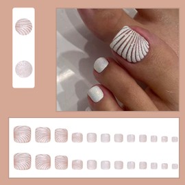 Viugex 24Pcs False Toenails Short Square, French Tip Press on Toenails, White Shell Full Cover Acrylic Fake Toe Nails, Artificial Glossy Gel Stick on Toe Nails for Women Pedicure Decorations