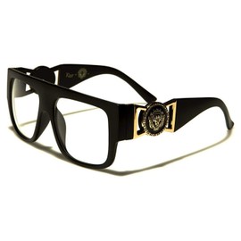 Kleo Square Gold Lion Head Medallion Buckle Retro Luxury Sunglasses/Eyeglasses w/Clear Lenses (Matte Black & Gold, Clear Lenses)