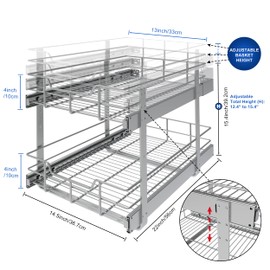2 Tier Pull Out Cabinet Organizer 15" W X 22" D, Slide Out Drawers For Kitchen Cabinets, Pull Out Drawers For Cabinets Capacity Heavy Duty Caddy, Cabinet Pullout Shelves Chrome-Plated,Bathroom Pantry