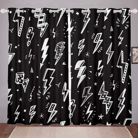 Homewish Lightning Window Curtains Hand Drawn Doodle Lightning Bolt Window Drapes for Living Room Thunderbolts Window Treatment Grommet Top Microfiber Fabric 2 Panel Set Curtains, 84Wx84L inch