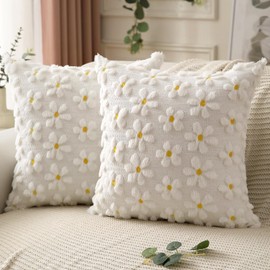DFXSZ Spring Summer Pillow Covers 16x16 inch Set of 2 Farmhouse Decor Yellow Flower Heart Daisy Soft Plush Faux Fur Jacquard Throw Pillows for Bedroom Sofa Holiday Spring Summer Home Decor PTK024A16