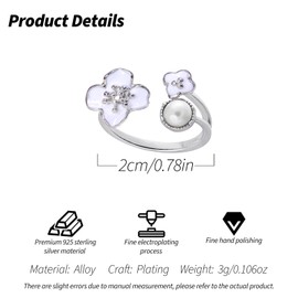BYETOCE 925 Sterling Silver Ring Flowers and Pearl Statement Open Adjustable Rings Dainty Stackable Finger Ornament Silver Jewelry Birthday Wedding Mother's Day Gifts for Women