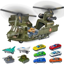Yiwsnust Military Helicopter Toys Set with Light - Friction Powered Transport Helicopter Toy with Army Tanks, Airplanes, Mini Cars - Army Toys Military Playset Christmas Birthday Party Gifts for Kids