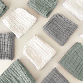 Sunny zzzZZ Baby Muslin Washcloths -100% Cotton Muslin Soft Baby Bath Wash Cloths and Absorbent Burp Cloths for Newborns Kids Girls and Boys -12 Pack, 12x12 Inches - White+Green+Grey