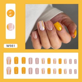 Press on Nails Short Square Fake Nails Glitter Glossy Glue on Nails with Yellow Swirl Design False Nails Cute Acrylic Nails Full Cover Stick on Nails Reusable Artificial Nails for Women Manicure 24Pcs