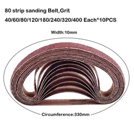 Sanding Belts 10 x 330 mm, 8 Different Grits, 10 x 40/60/80/120/180/240/320/400, Sanding Belt Set, for Compressed Air Belt Sander, Polishing Metal, Wood, Finger Sander (Pack of 80)