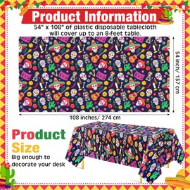 Newwiee 3 Pieces Mexican Fiesta Party Tablecloth, 54 x 108 Inch Plastic Cinco De Mayo Printed Table Cloth Disposable Mexican Theme Table Covers for Fiesta Taco Night Mexican Party Supplies