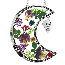 KY&BOSAM Moon Suncatcher Stained Glass for Window Hangings Wind Chime Decor with Pressed Real Flower and Metal I Love You to The Moon and Back Charm Birthday Gift for Women Mom Mother`s Day Christmas