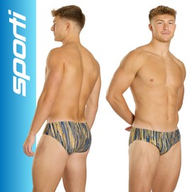 Sporti Swift Brief Swimsuit for Men & Boys – Chlorine Resistant Racing Swim Brief for Lap Swimming, UPF 50+ Training Swimwear - Gold/Navy - 24