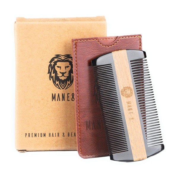Premium Natural Ox horn and Sandalwood Dual-Action Beard Comb with Brown Protective Case – the Perfect Beard & Mustache Grooming Companion & Gift for Men – by Man & Mane