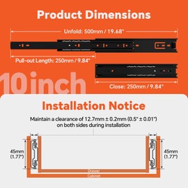 ToBeGreat 1 Pair Side Mount Drawer Slides Rails 10 Inch 100 LB Load Capacity, Full Extension Ball Bearing Metal Replacement Dresser Runners Cabinet Trash Can Slider Kitchen Glides (Black,254mm)