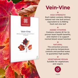 Healthspan Vein Vine Leg Vein Support 360mg – 90 Tablets | Red Vine Leaf Extract with Vitamins B1 & C | Supports Healthy Leg Vein Function | Relief for Tired & Heavy Legs | Vegan-Friendly Circulation Support Supplement