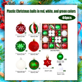 44Pcs Christmas Ball Plastic Christmas Ornament Decorative Bauble Hanging Christmas Decoration For Holiday Party Wedding Decorations Home Festival Decors Christmas Tree Decoration (Red white green)