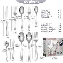 65-Piece 18/10 Stainless Steel Flatware Set for 12, Heavy Duty Silverware Set, Flatware Set with Serving Utensil, High End Mirror Polish and Satin Handle, Dishwasher Safe, Ideal for Gift