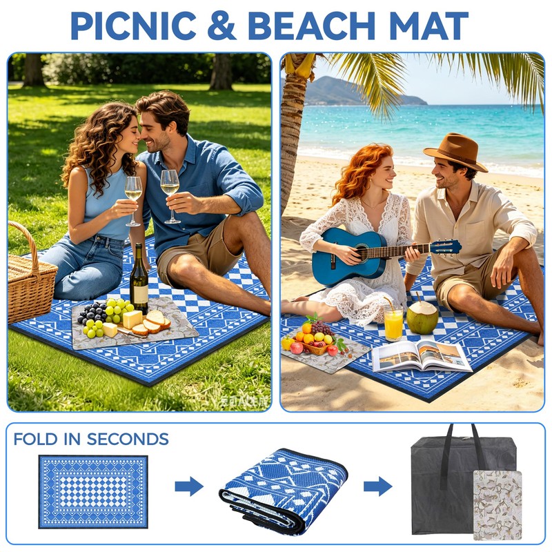 4'x6' Reversible Waterproof Outdoor Rug Blue Geometric Patio Mat