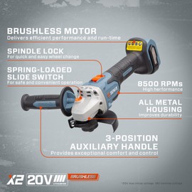 SENIX PAX2125-M2-0 X2 20 Volt Max* 5-Inch Brushless Angle Grinder Tool, 8500 RPM Max, 3-Position Auxiliary Handle, Spring-Loaded Safety Slide Switch, Tool Only, Battery Not Included
