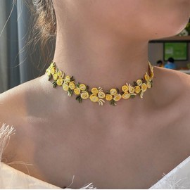 Inateannal Boho Flower Lace Choker Necklace Yellow Rose Choker Chain Necklace Vintage Lace Floral Collar Necklaces Jewellery For Women, Zinc, No Gemstone