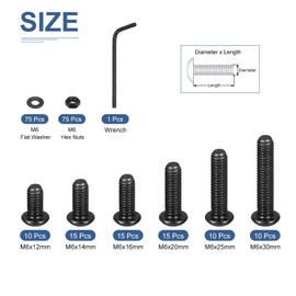 DTGN 225Pcs M6 Button Head Socket Cap Screws - Carbon steel Full Thread 12/14/16/20/25/30mm Bolt Nut Set Washer Assortment Kit & Wrench - Good for Machine, Furniture