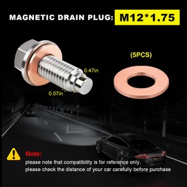 Wevdn M12×1.75 Magnetic Sump Drain Nut Bolt, Stainless Steel Oil Drain Plug with 5 Copper Crush Washers, Auto Engine Oil Drain Nut Bolt Anti Leakage Replacement, Car Accessories