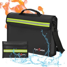 FunOwlet Fireproof Waterproof Money Document Bag - Large Fireproof Safe Box with Wallet Protector, Fire & Water Resistant Storage Organizer Pouch for A4 Documents Holder,File,Jewelry,Passport,Laptop - Color: Black