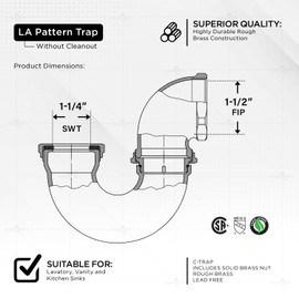 Highcraft Brass Trap LA Pattern Trap 1-1/2" IPS x 1/-1/4" Basin Sink Waste Trap, Chrome Plated Brass Sink Trap for Bathroom Sink, Kitchen Sink, Tubular Drain Applications, Brass Drain Trap w/Nut
