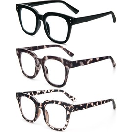 REAVEE 3 Pack Retro Oversized Reading Glasses for Women Blue Light Blocking Cute Stylish Large Frame Square Computer Readers Eye Protection with Spring Hinge,3.5