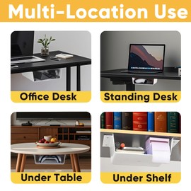 OrgaFocus 2 Pack Under Desk Hanging Shelf Drawer Organizer, Attachable Under Desk Storage Tray, Easy Hidden Adhesive Mount Cabinet Shelf Holder for Tables, Office, Counters, Workstations - White