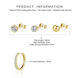 wynn's Gold Earrings for Women, 925 Sterling Silver Stud Earrings, Cubic Zirconia Small Sleepers Studs Hoops Earrings, 4mm Stud Earrings + 12mm Hoop Earrings, 4 Pairs Gold Earrrings set