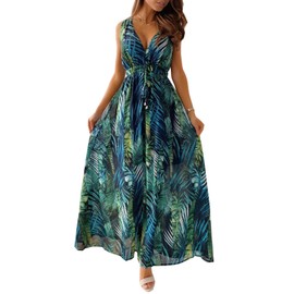 TOPLAZA TOPLAZA Maxi Dresses for Women Summer Beach Floral Dress V Neck Sleeveless, Green, XXL