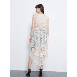 Anna-Kaci Womens Hippie Bohemian Floral Crochet Lace Trim Sleeveless Vest Cardigan, Beige, One Size