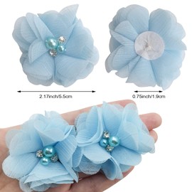 30 apliques de tela de gasa azul perla con diamantes de imitación para ropa, diademas, flores, manualidades, decoración de fiestas, apliques de costura
