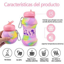 Botella de agua plegable, Botellas de Agua Plegables de Silicona para Niños con Mosquetón Botellas de agua deportivas a prueba de fugas para escolares, footing, senderismo, viajes (Camuflaje Rosa)