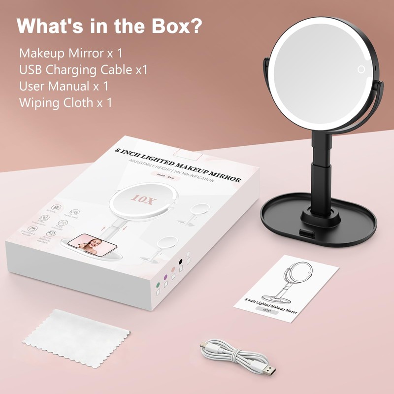 Rechargeable Lighted Makeup Mirror,10X Magnification, 7 Inch